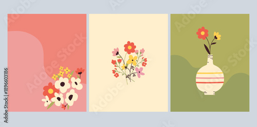 Set of spring season colourful flower card template. Wall art beautiful designs