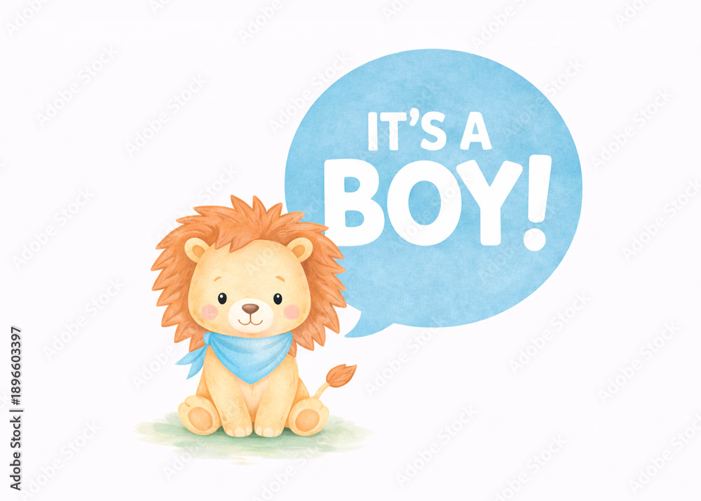 Fototapeta premium Gender reveal party poster. Cute cartoon watercolour animal sitting near text with announcement