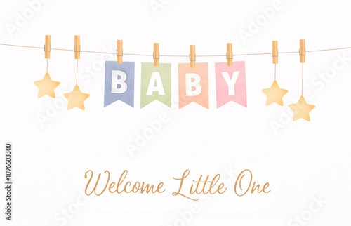 Watercolor cute flags garland for holiday and birthday party isolated on white background. Banner for baby shower invitations and cards