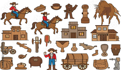 Wild west cowboy vector set with horses, saloon buildings, wagon, weapons and vintage western frontier elements