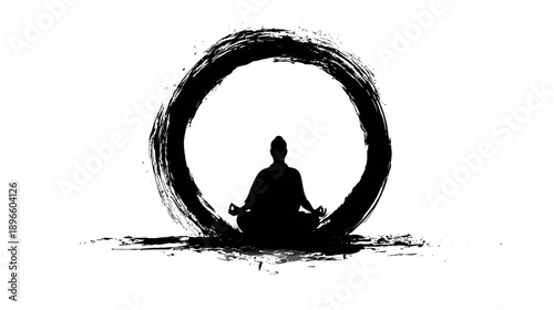 A silhouette of a person meditating inside a brushstroke circle