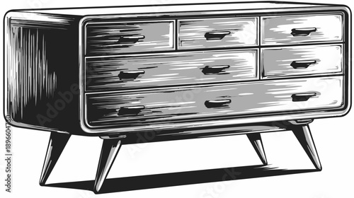 A grayscale illustration of a mid-century modern dresser with six drawers and angled legs