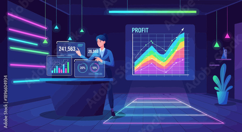 Businessman analyzing profit graphs on a futuristic digital dashboard