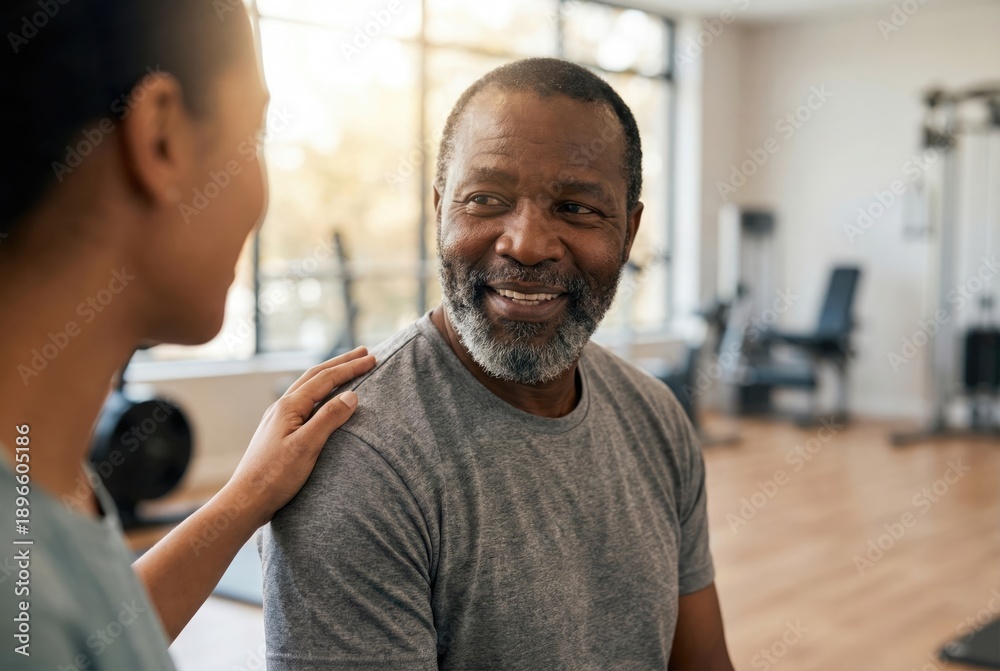 Fototapeta premium Friendly senior African American man smiling at his female physical therapist or trainer, feeling supported and encouraged in a gym.