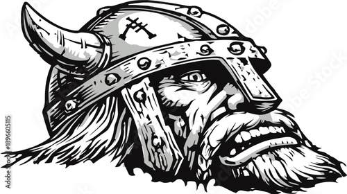 A stern-faced, helmeted warrior profile with a large, curly beard