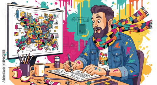 Creative man working on digital illustration at desk