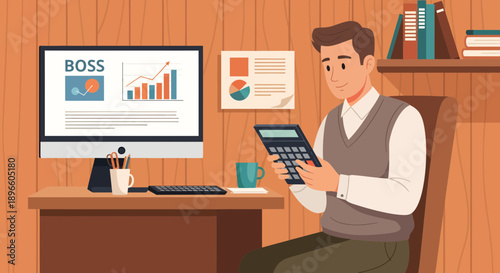 Man working on financial reports at his desk in a cozy environment