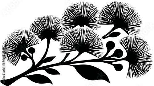 Stylized, symmetrical image of a floral arrangement flowers, leaves, and stem on white