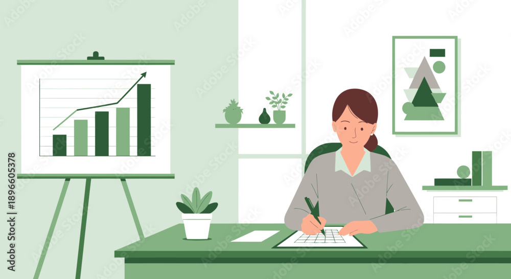 Fototapeta premium woman working at desk with graph on presentation board