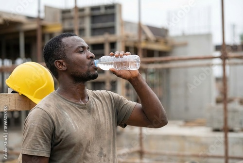 Tired African construction worker taking a break in the shade, drinking from a water bottle to rehydrate on a hot day at the building site.