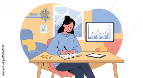 woman working from home with laptop and notebook