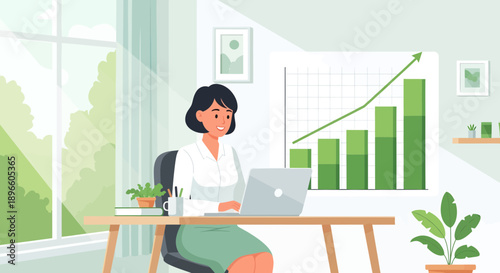 Woman working on laptop in a modern surrounded by greenery and graphs