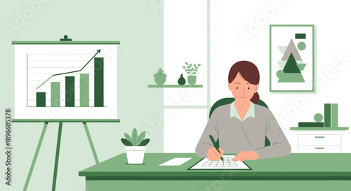 woman working at desk with graph on presentation board