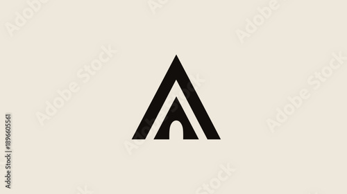 Minimalist logo design featuring a black abstract shape with a tent-like form
