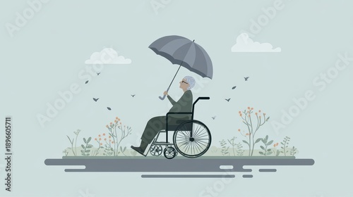 Elderly in Wheelchair Under Umbrella in Nature,  Care and Protection