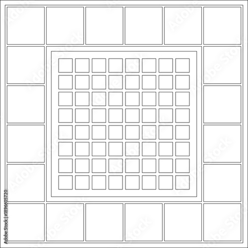Minimalist geometric vector art featuring a nested grid of squares, creating a clean architectural layout with a central tiled pattern frame.
