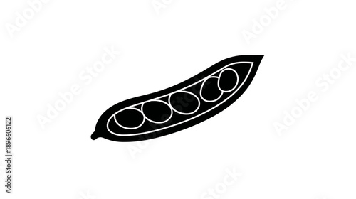 A black and white illustration of an opened pea pod with visible, round peas