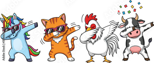 Cartoon Unicorn Cat Chicken Cow Dabbing With Sunglasses And Confetti vector illustration