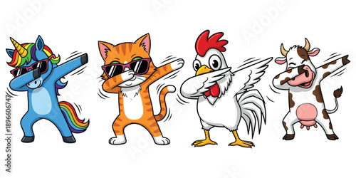 Cartoon Unicorn Cat Chicken Cow Dabbing With Sunglasses And Confetti vector illustration