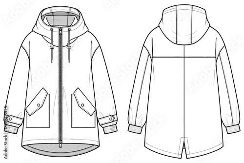 Front and Back View Technical Drawing of a White Hooded Parka Jacket coat outerwear
