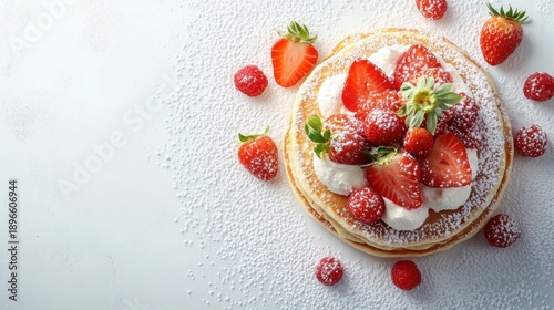Flat lay fluffy pancakes topped with strawberries powdered sugar and maple syrup on white background