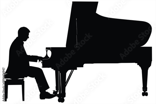 Man Playing Grand Piano Silhouette on White Background untitled vector