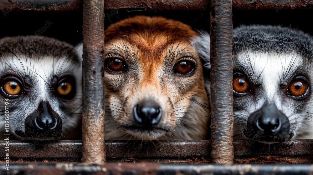 Fototapeta premium Close-up of animals behind bars: lemurs and dog in captivity.