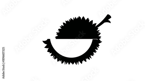 A monochrome illustration of a spiky fruit, partially open with a stem