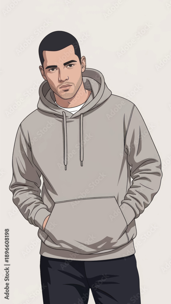 Fototapeta premium Illustrated portrait of a young man wearing a gray hoodie with hands in pockets.