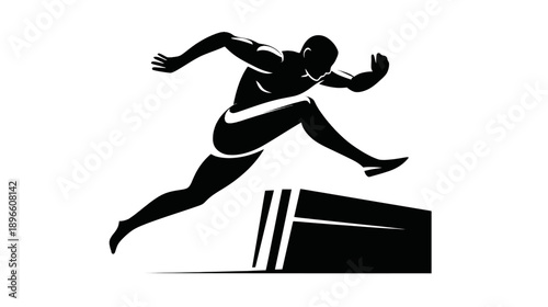 Black silhouette of a hurdler jumping over a barrier. The athlete is mid-air, legs spread