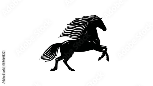 A rearing black horse silhouette with flowing mane and tail on a white background