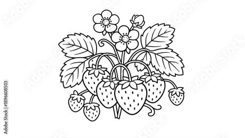 Strawberry plant with strawberries, leaves and flowers black and white coloring book page; simple botanical fruit illustration to color 