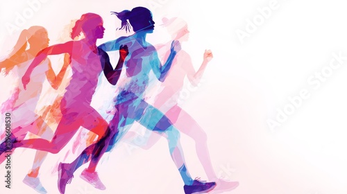 Female athletes run swiftly in a dynamic setting with bright colors and motion lines showcasing their energy and movement
