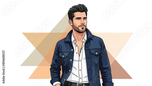 Stylish illustrated man in a denim jacket posing with geometric background elements.