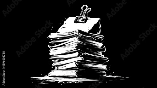 A stack of papers is held together with a binder clip, illustrated in black and white