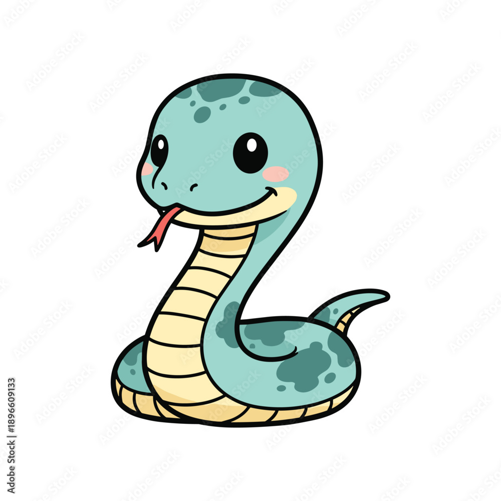 Fototapeta premium Cute cartoon green snake character smiling friendly isolated on white background illustration