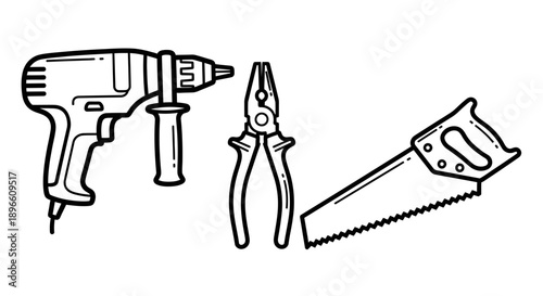 Power Drill, Pliers, and Hand Saw Tool Set Line Art, Isolated White Background
