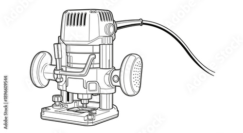 Electric Wood Router Machine Line Art Illustration, Isolated White Background