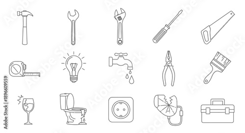 Diverse Outline Icons of Household Items and Hand Tools on Isolated White Background