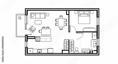 Two Bedroom Apartment Floor Plan with Dining Area and Filled Elements, Top View Architectural Blueprint, Functional Living Layout