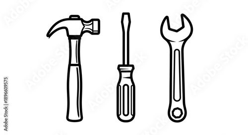 Basic Hand Tools Set: Claw Hammer, Phillips Head Screwdriver, and Adjustable Wrench, Isolated White Background