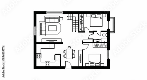 Detailed Two Bedroom House Floor Plan with Filled Elements, Top View Architectural Blueprint, Modern Residential Design