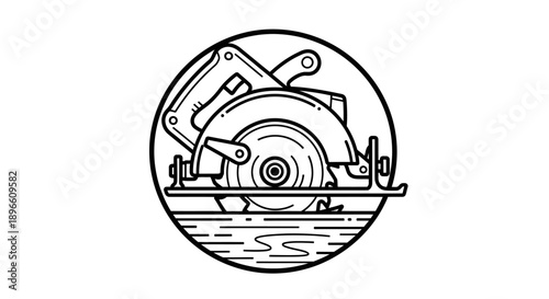 Circular Saw Cutting Wood Log Line Art Illustration, Woodworking Concept