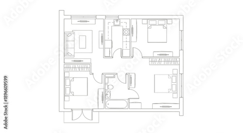 Clean Outline Two Bedroom House Floor Plan, Top View Architectural Blueprint, Simple Residential Living Layout