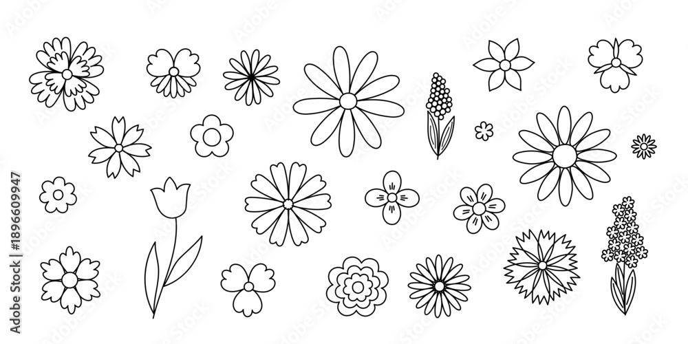 Obraz premium Fancy flowers, leaves set, hand drawn outline vector illustration, symbol of spring, cozy home, spring Easter holidays celebration decor, clipart for cards, banner, springtime decoration