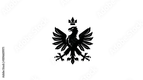 A stark black eagle illustration, crowned, spread wings, symmetrical and centered, on a pristine white backdrop