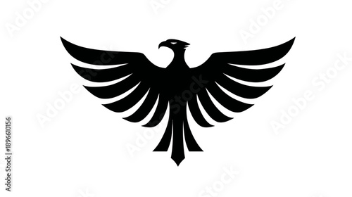 A stylized black illustration of a bird with outstretched wings against a white background