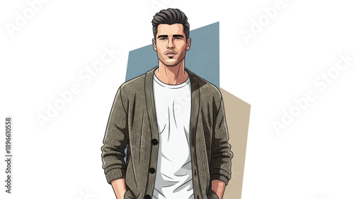 Casual illustrated man standing confidently in casual attire.