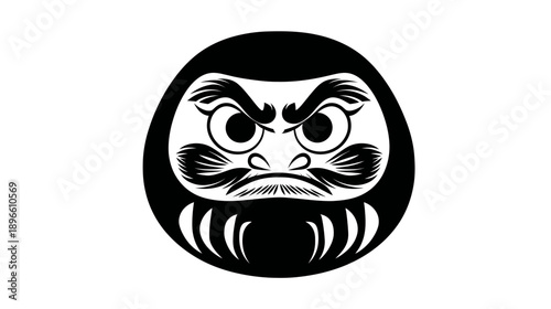 A monochrome illustration of a traditional, round doll with prominent facial features