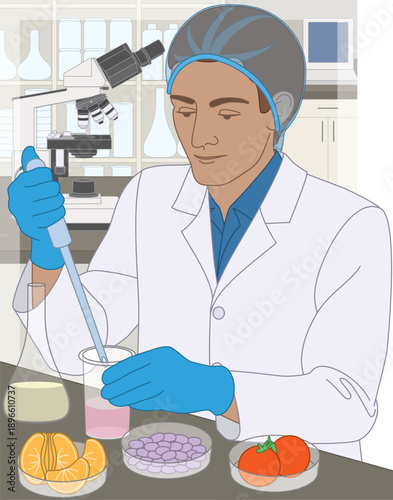 people food, male food technician or technologist inspecting quality control within the laboratory in the background